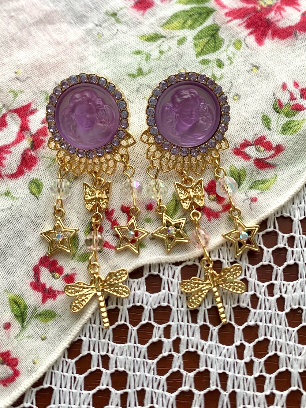 Kirk’s Folly Purple Angel Face Dangling Vintage/Retro Style Earrings